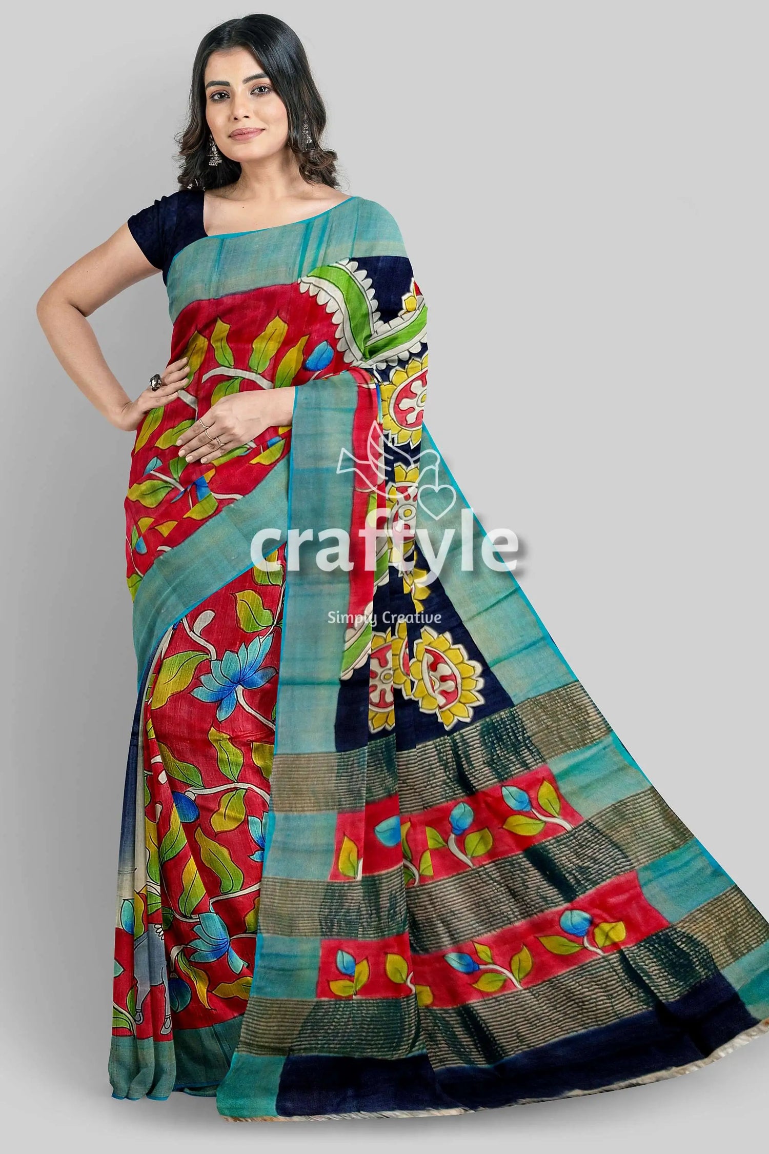 Hand painted red tussar kalamkari saree with zari border - pure woman colorful saree 1