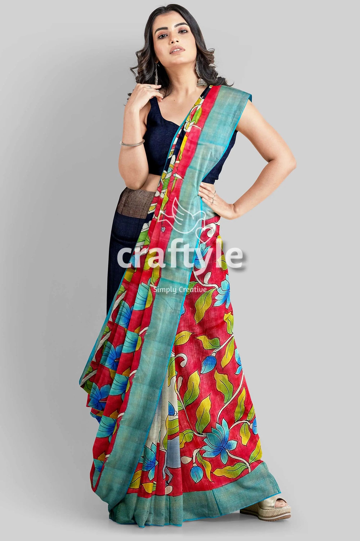 Hand painted red tussar kalamkari saree with zari border - pure woman colorful floral saree 3