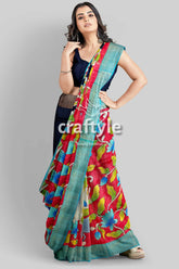 Hand painted red tussar kalamkari saree with zari border - pure woman colorful floral saree 3