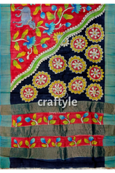 Hand painted red tussar kalamkari saree with zari border - pure hand-painted saree floral animal motifs 5