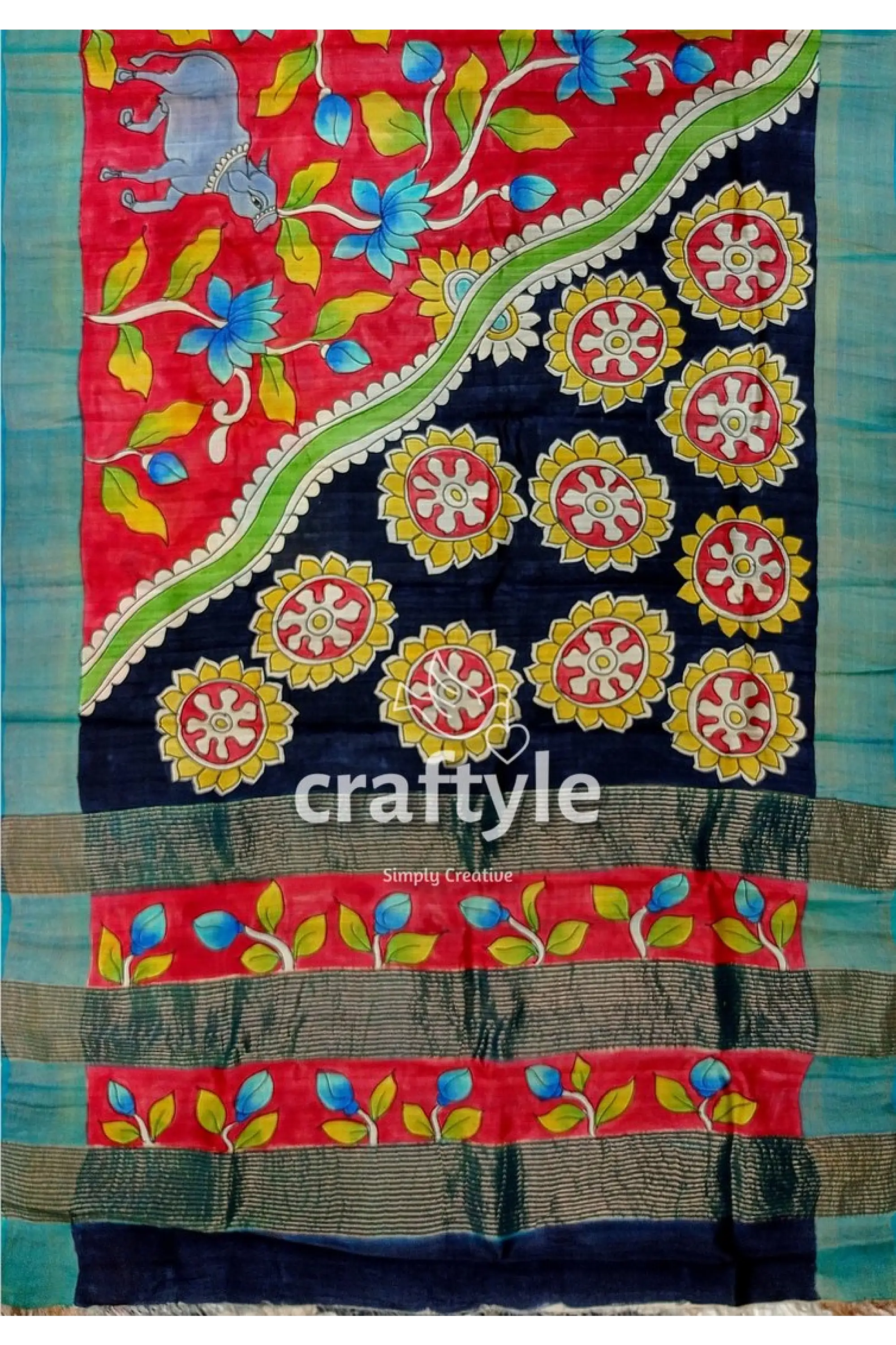 Hand painted red tussar kalamkari saree with zari border - pure hand-painted saree floral animal motifs 5