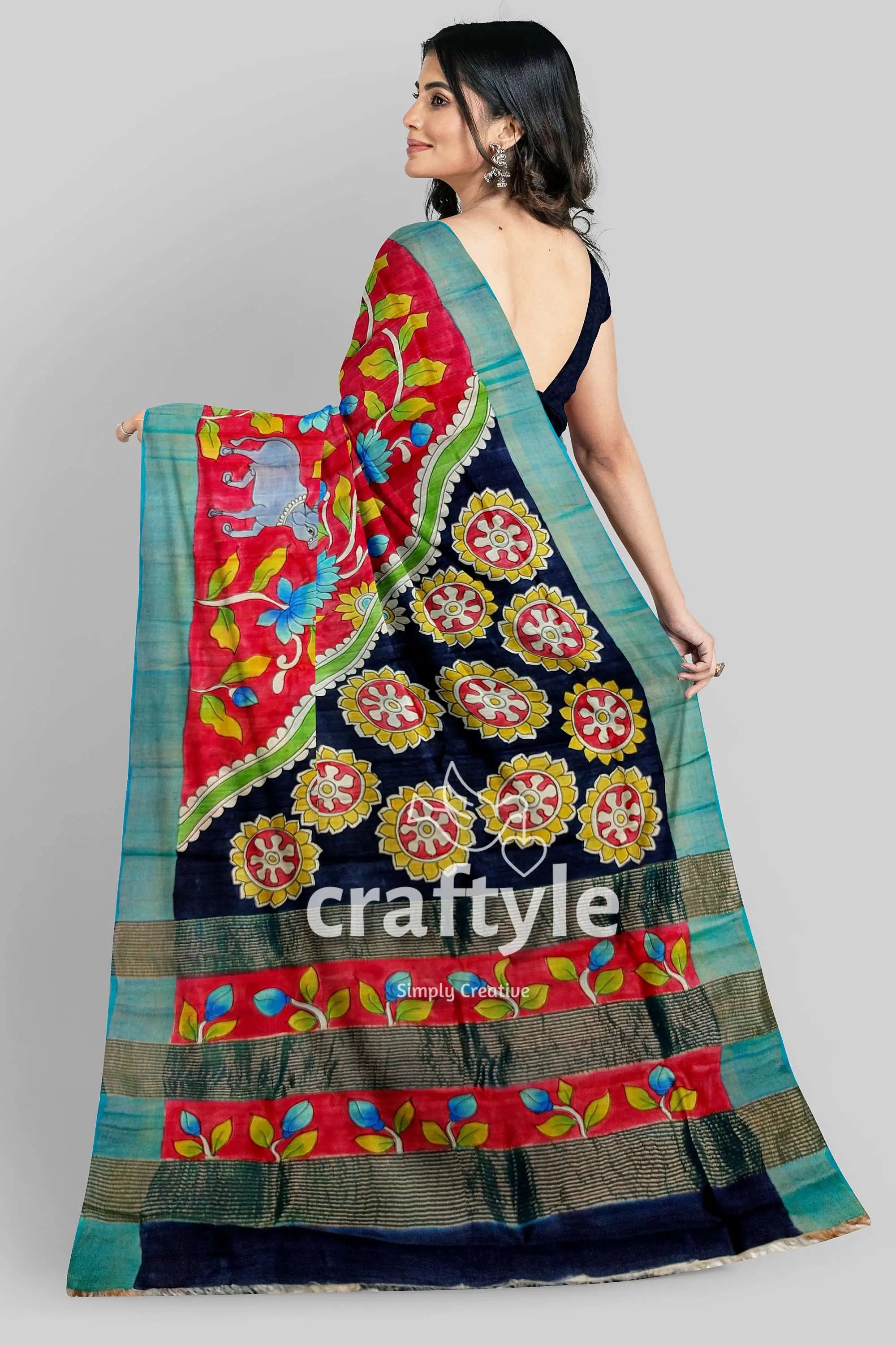 Hand painted red tussar kalamkari saree with zari border - pure colorful patterned saree 4