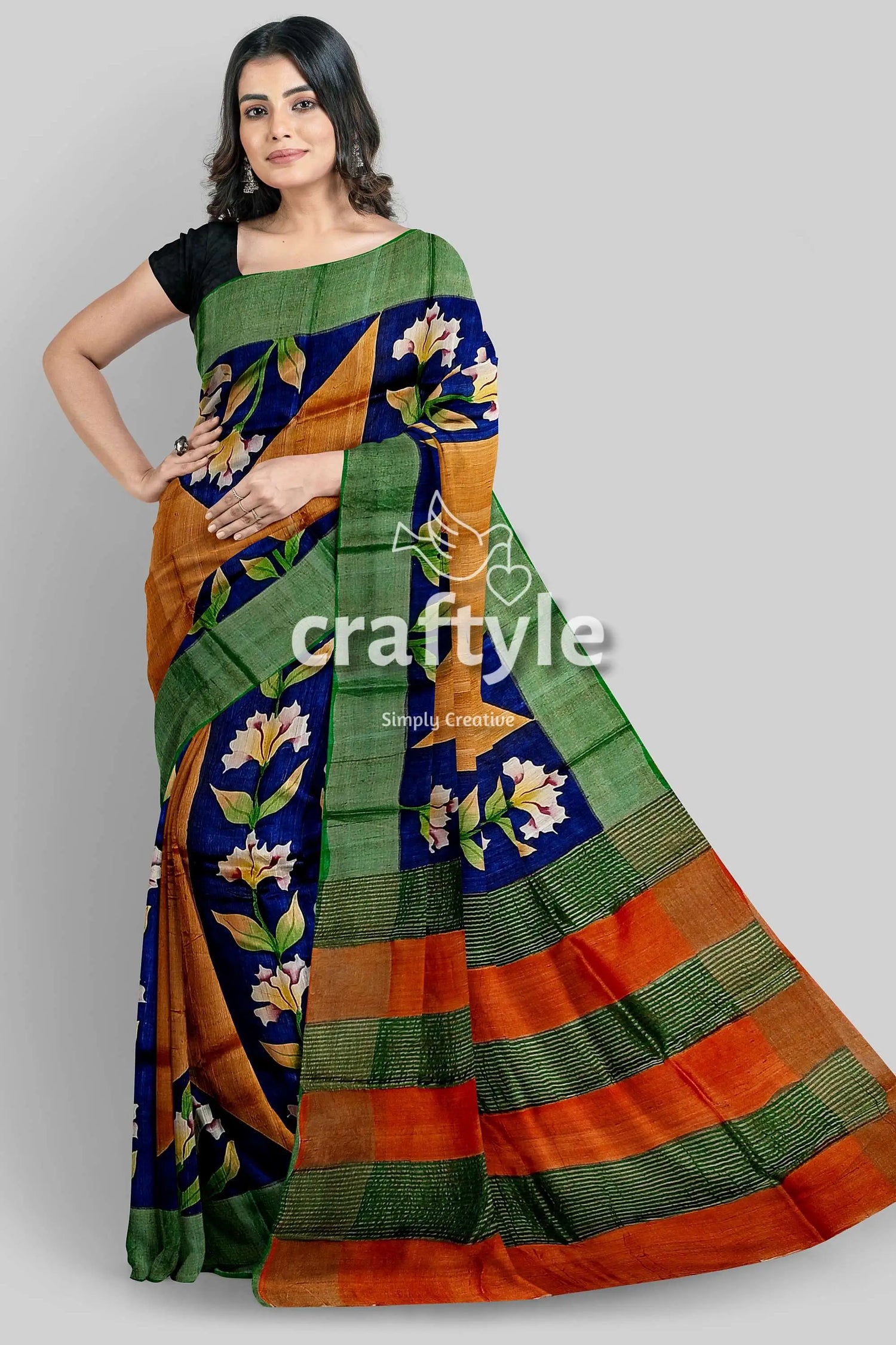 Hand painted ruddy brown and blue pure tussar saree with zari embellishments floral patterned saree 2