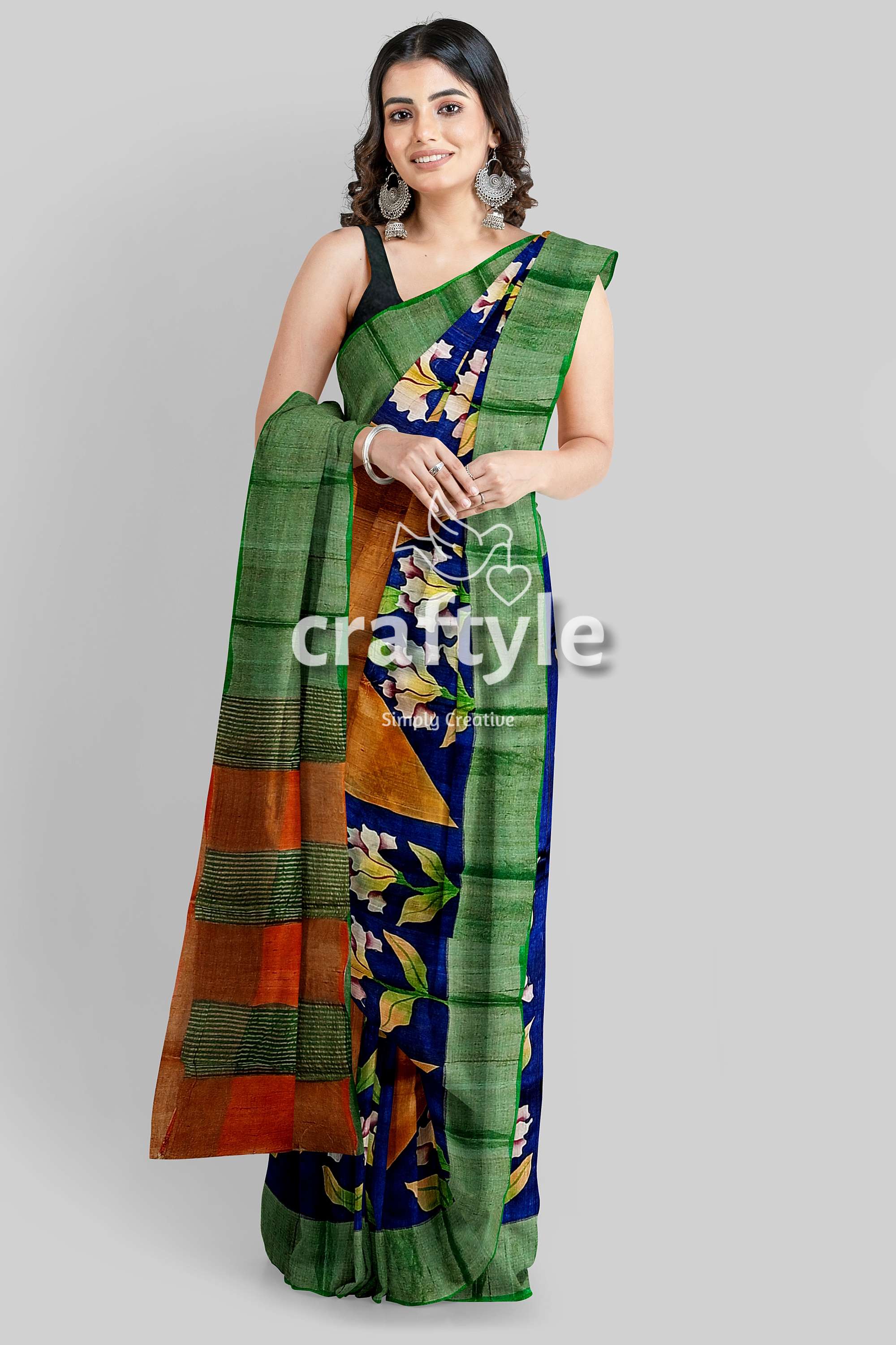 Hand Painted Ruddy Brown and Blue Pure Tussar Saree with Zari Embellishments - Craftyle