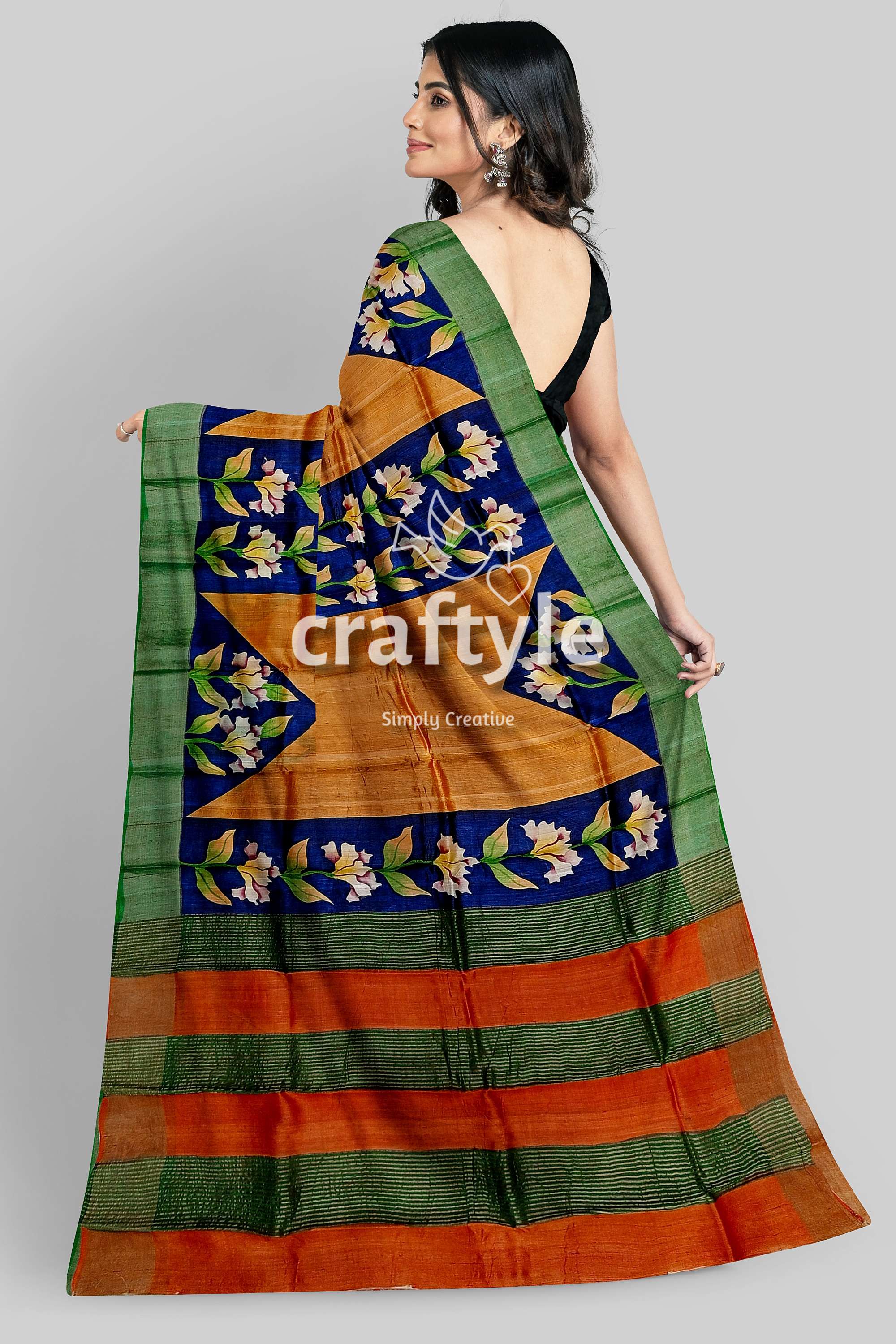 Hand Painted Ruddy Brown and Blue Pure Tussar Saree with Zari Embellishments - Craftyle