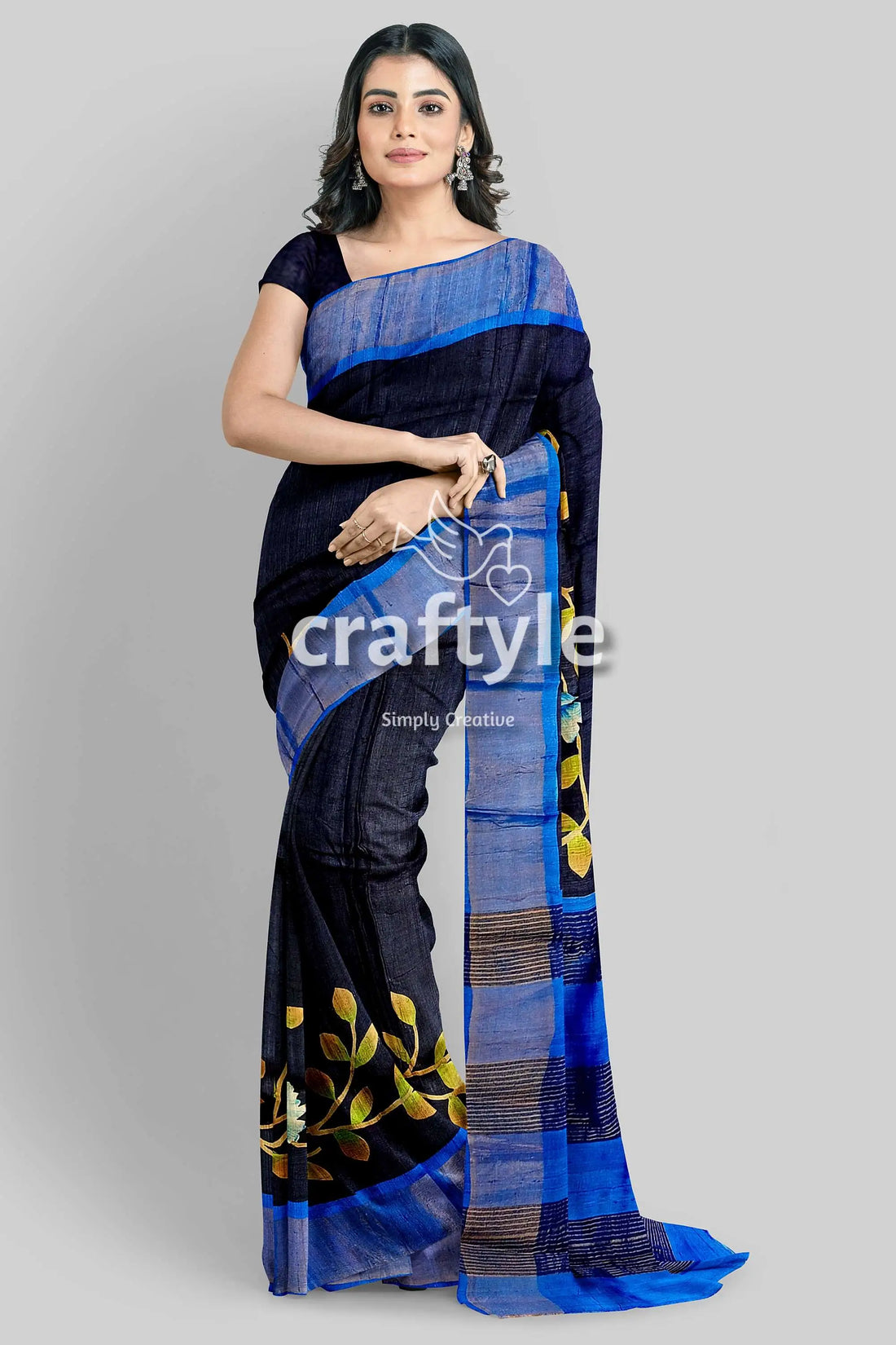 Hand painted russian black zari pure tussar silk saree - elegant and luxurious woman black blue saree 2