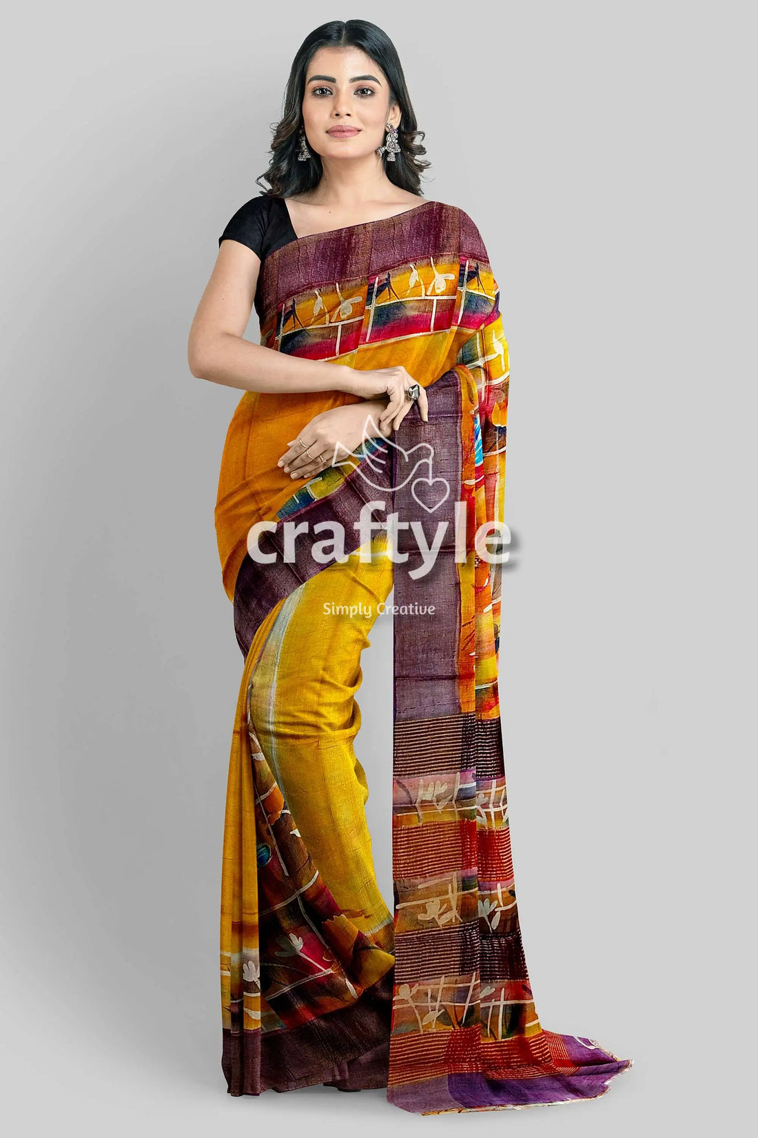 Hand painted saffron yellow zari tussar silk saree - pure elegance woman yellow purple saree 2