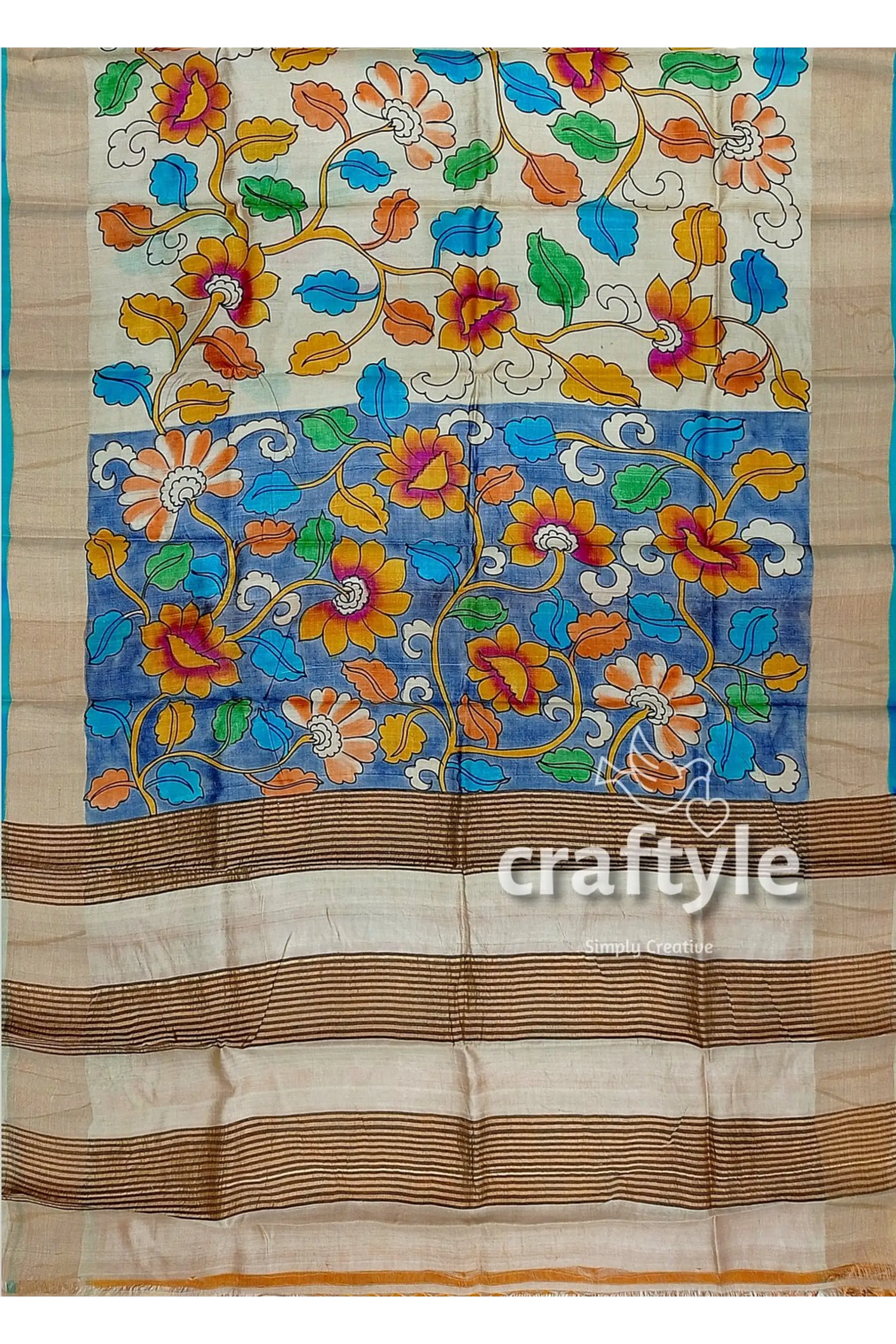 Hand painted sky blue and grey kalamkari sari with zari border - pure tussar silk fabric floral-patterned saree 5