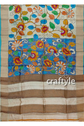 Hand painted sky blue and grey kalamkari sari with zari border - pure tussar silk fabric floral-patterned saree 5