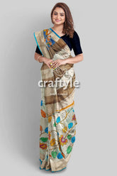 Hand painted sky blue and grey kalamkari sari with zari border - pure tussar silk fabric woman floral-patterned saree 1