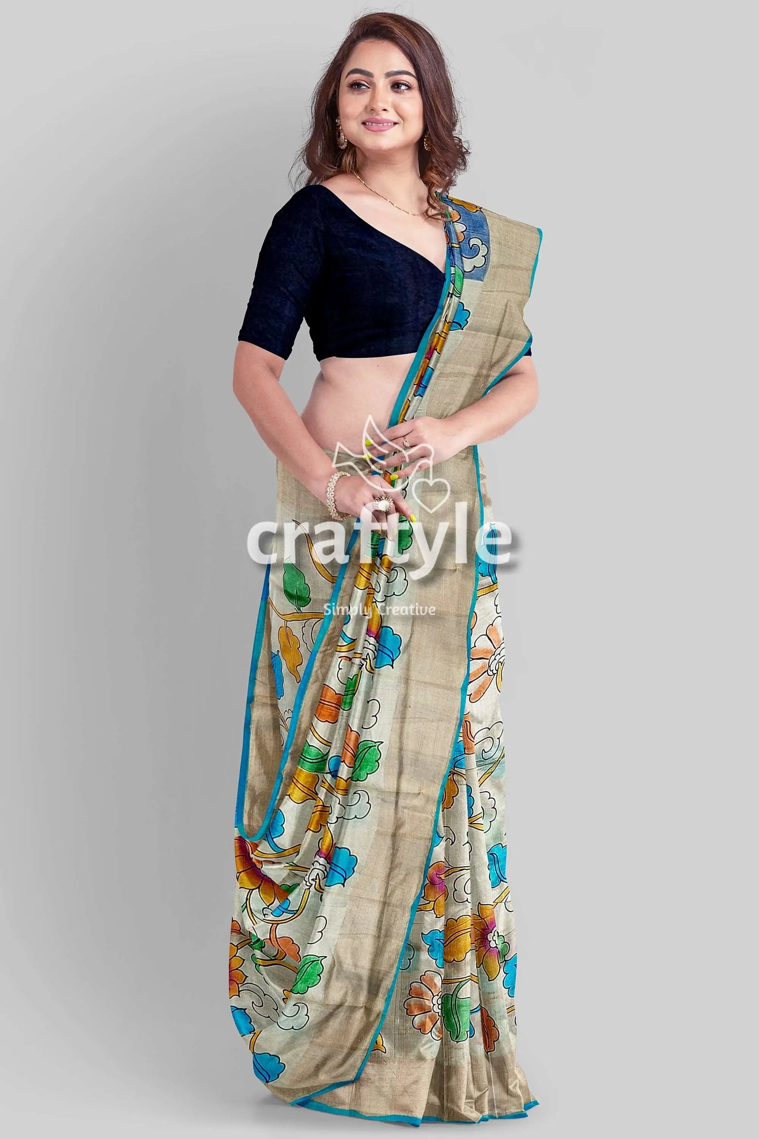 Hand painted sky blue and grey kalamkari sari with zari border - pure tussar silk fabric woman floral-patterned saree 3