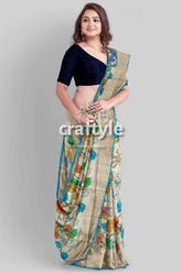 Hand painted sky blue and grey kalamkari sari with zari border - pure tussar silk fabric woman floral-patterned saree 3