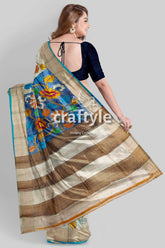 Hand painted sky blue and grey kalamkari sari with zari border - pure tussar silk fabric floral-patterned saree 4