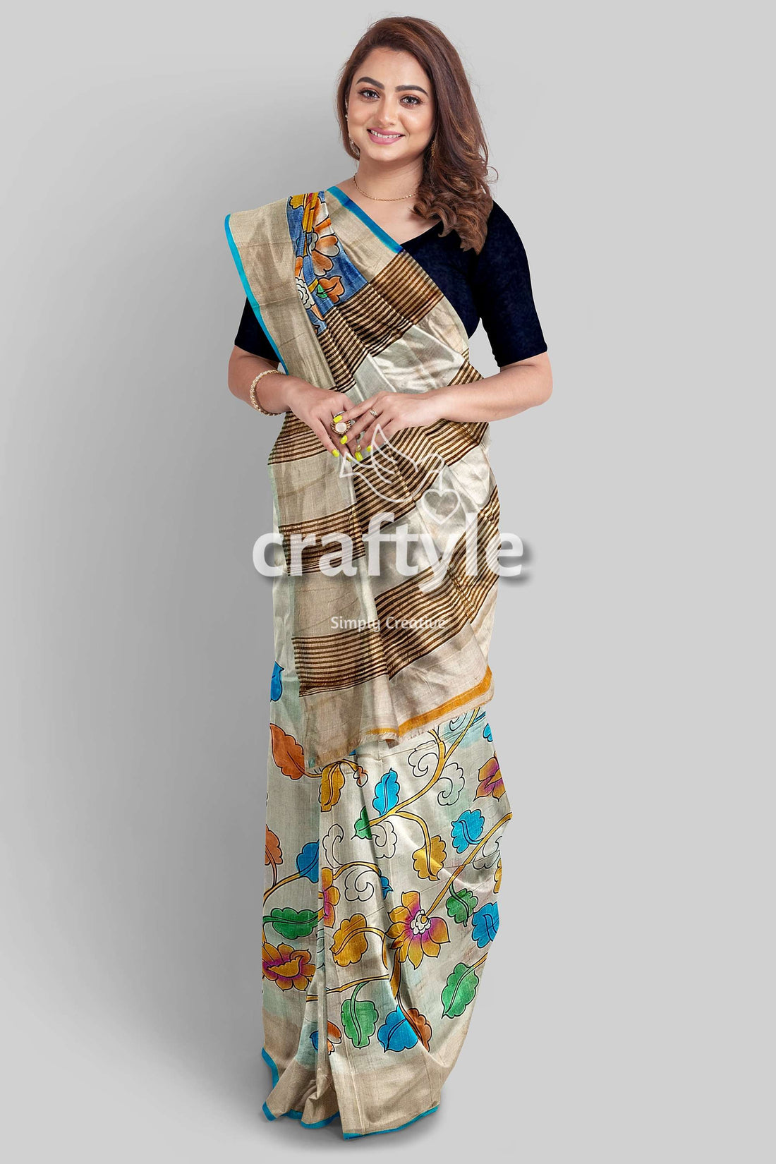 Hand Painted Sky Blue and Grey Kalamkari Sari with Zari Border - Pure Tussar Silk Fabric - Craftyle