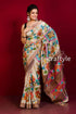 Hand painted soft peach kalamkari saree with zari border - pure tussar silk floral-patterned saree brown border 1
