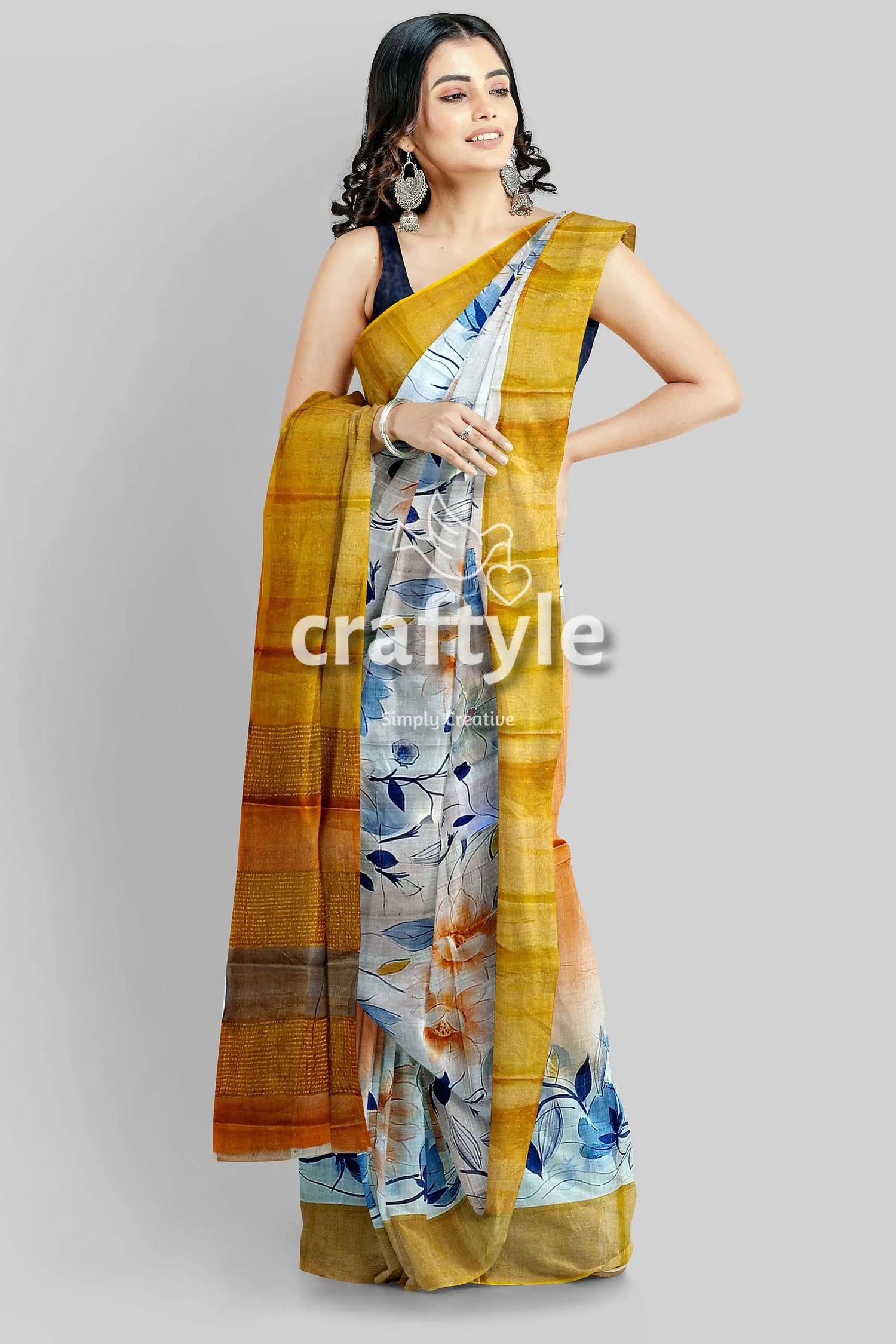 Hand painted white floral pure tussar silk saree with zari detail woman floral saree 3