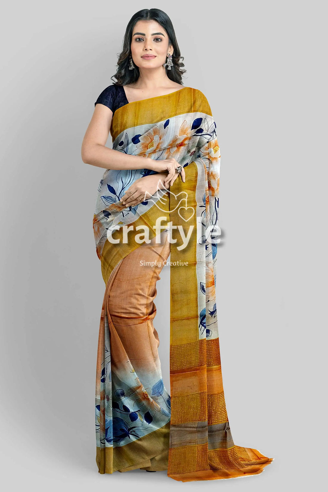 Hand painted white floral pure tussar silk saree with zari detail floral-patterned saree 2