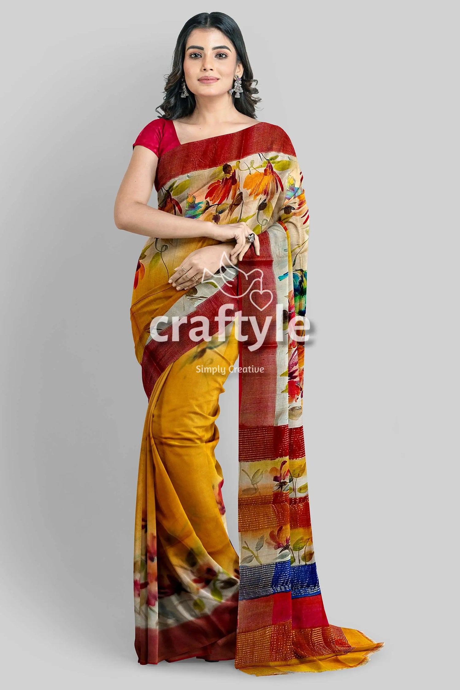 Hand painted yellow orange floral zari tussar saree - pure fabric floral printed saree 2