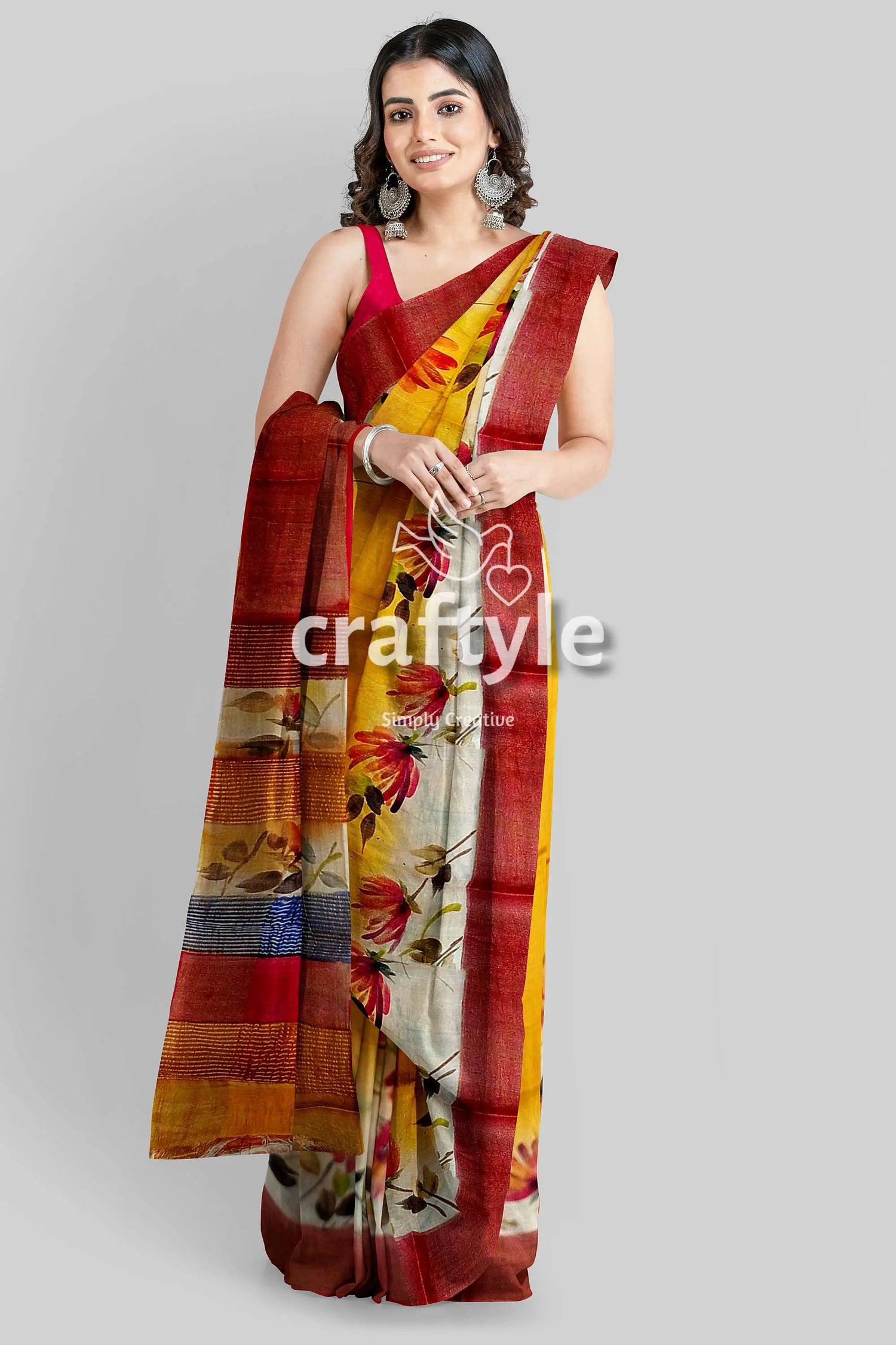Hand painted yellow orange floral zari tussar saree - pure fabric woman floral saree 3