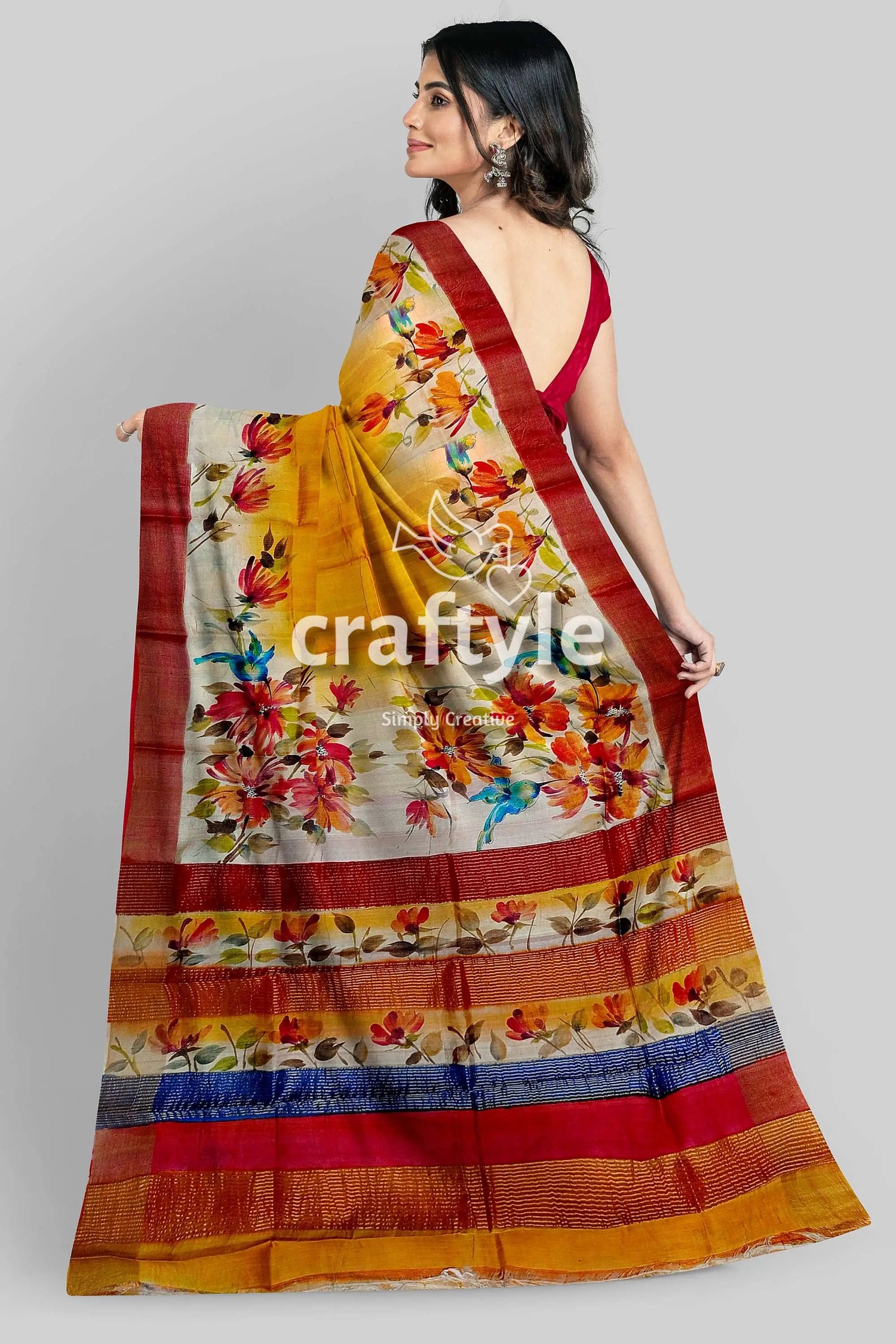 Hand painted yellow orange floral zari tussar saree - pure fabric floral-patterned yellow red saree 6