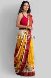 Hand painted yellow orange floral zari tussar saree - pure fabric woman yellow floral saree 4