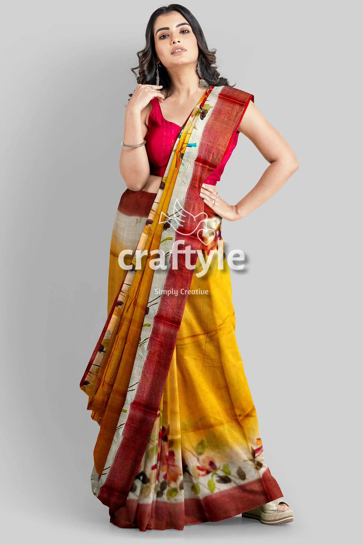 Hand painted yellow orange floral zari tussar saree - pure fabric woman yellow floral saree 5