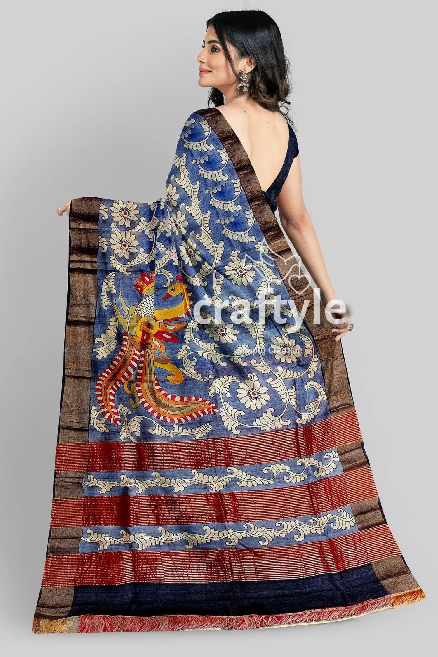 Hand painted zari border pure tussar kalamkari saree - deep grey blue floral saree peacock design 4