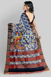 Hand painted zari border pure tussar kalamkari saree - deep grey blue floral saree peacock design 4