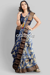 Hand painted zari border pure tussar kalamkari saree - deep grey woman blue floral saree 3