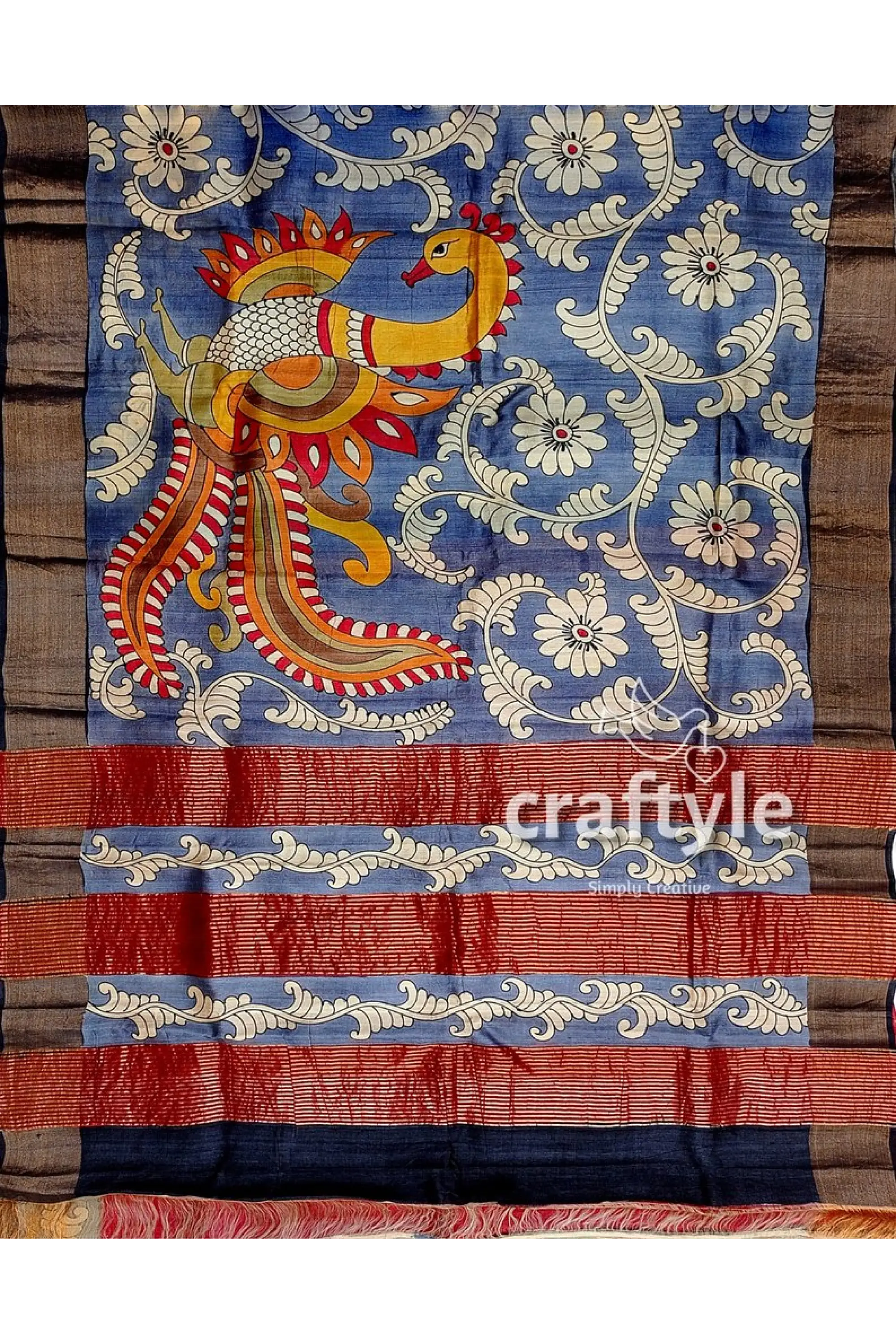 Hand painted zari border pure tussar kalamkari saree - deep grey blue fabric peacock floral design 5