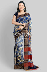 Hand painted zari border pure tussar kalamkari saree - deep grey floral-patterned saree 1