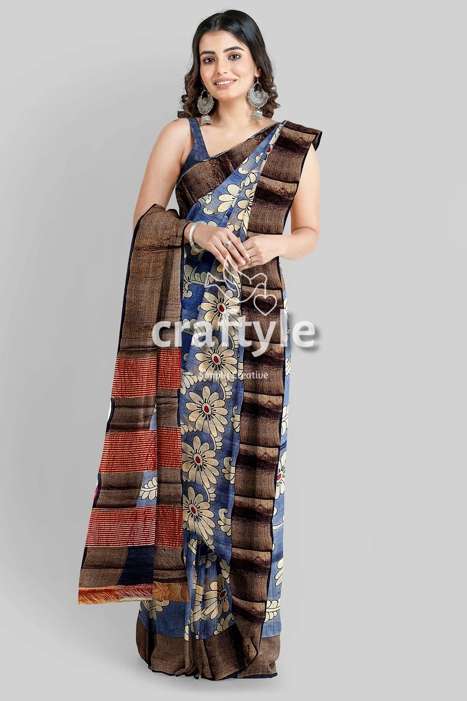 Hand painted zari border pure tussar kalamkari saree - deep grey floral-patterned saree patchwork border 2