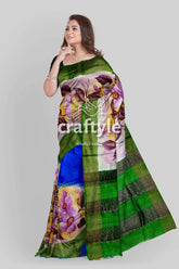 Hand painted zari pure tussar saree - floral design for a luxurious look floral-patterned green blue saree 4