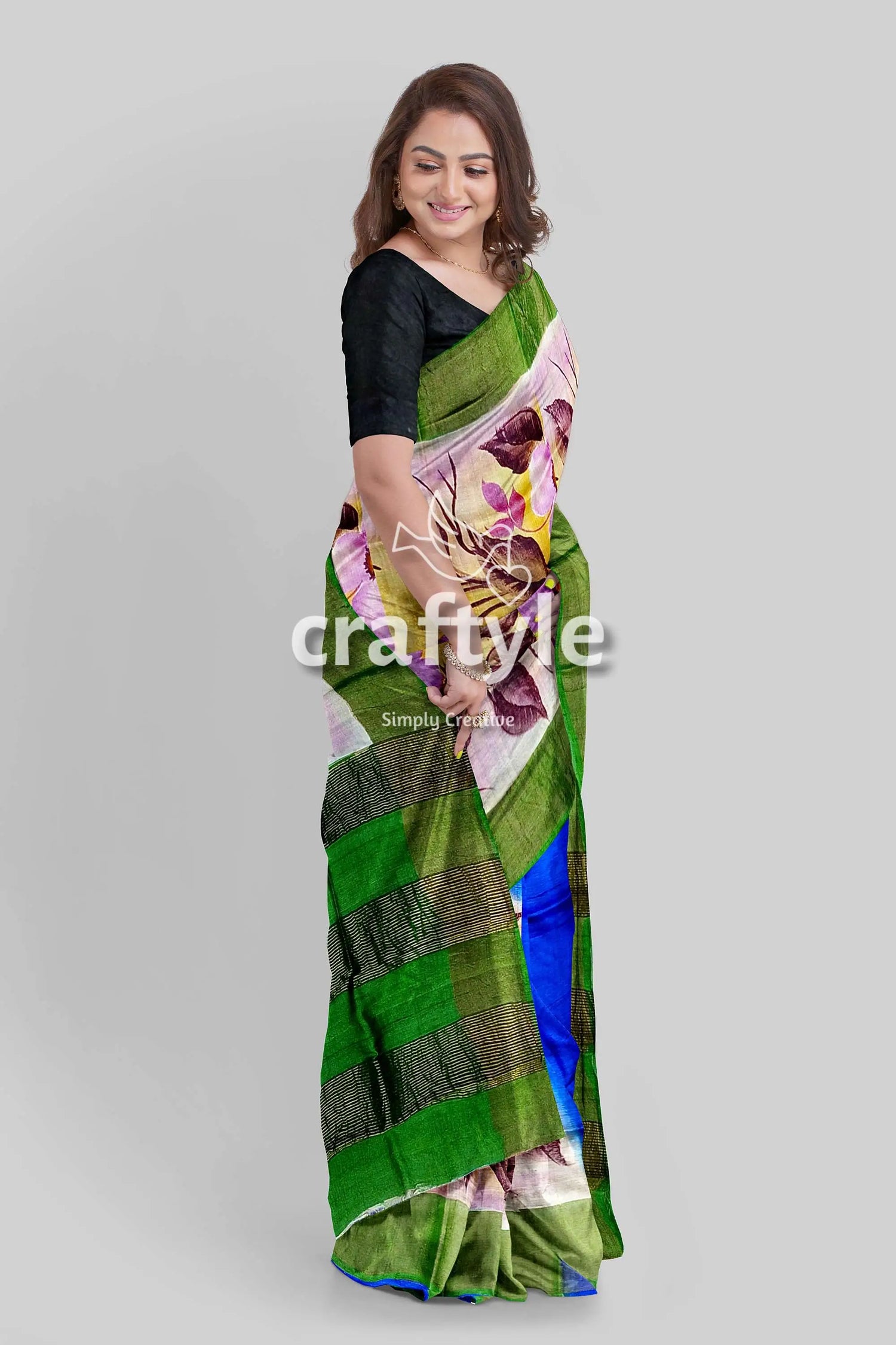 Hand painted zari pure tussar saree - floral design for a luxurious look woman floral striped saree 3