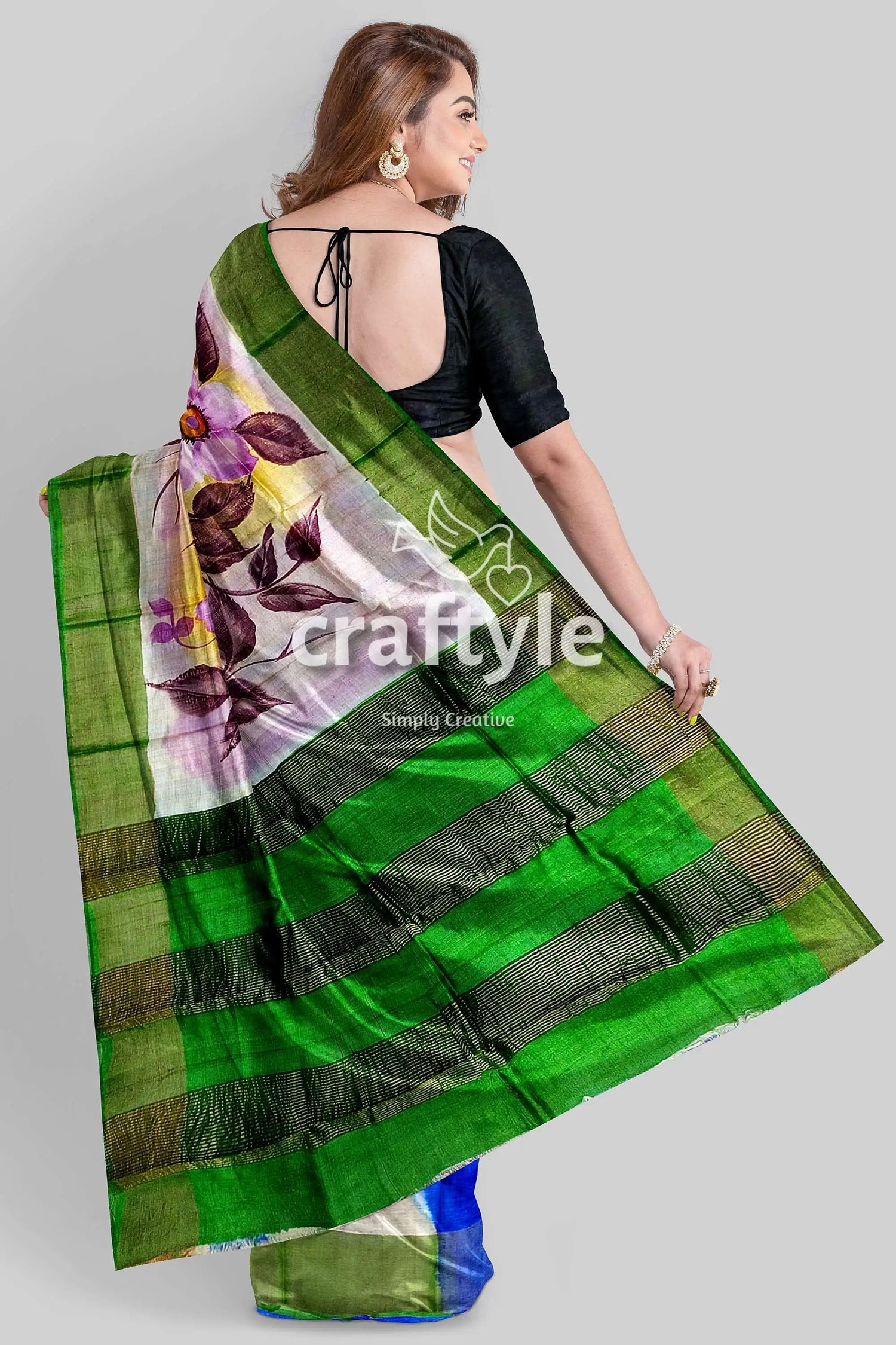 Hand painted zari pure tussar saree - floral design for a luxurious look floral-patterned green white saree 5