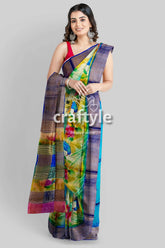 Hand painted zari pure tussar saree - floral sky blue elegant indian sari woman colorful saree 4