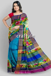 Hand painted zari pure tussar saree - floral sky blue elegant indian sari floral striped saree 1