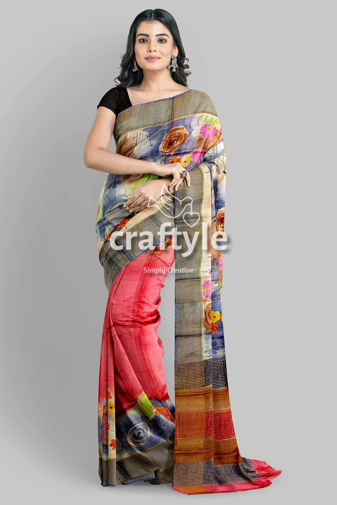 Hand painted zari pure tussar silk saree - amaranth pink floral design floral-patterned saree 2