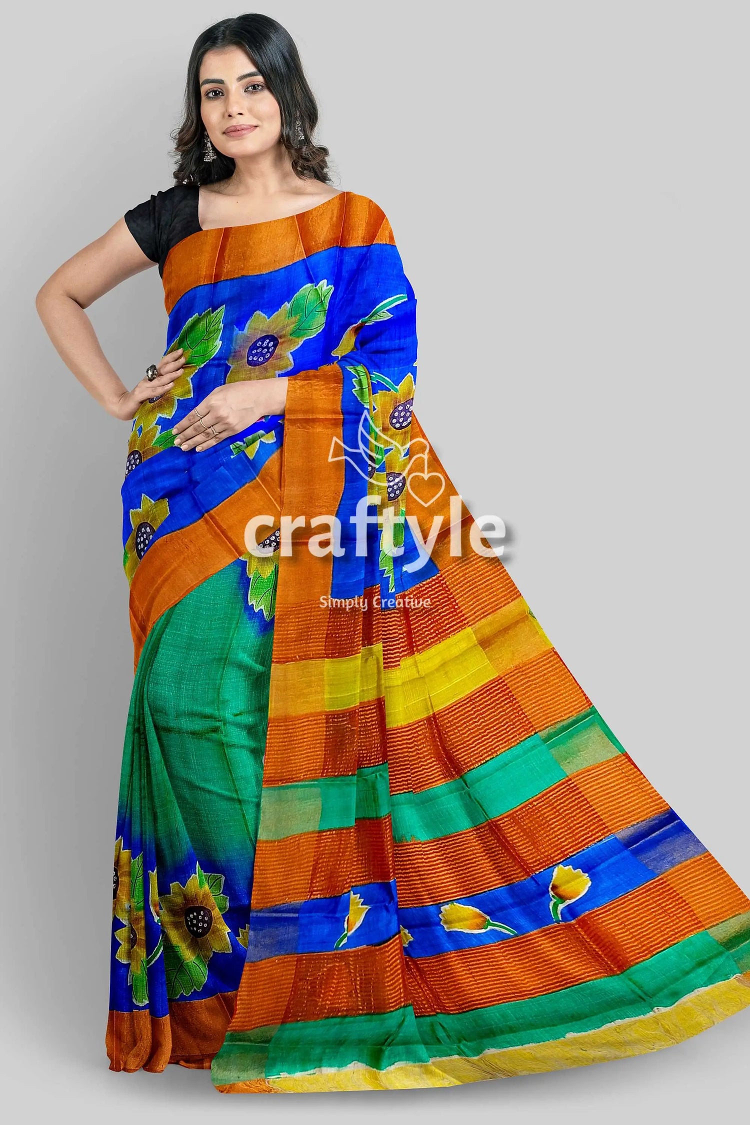 Hand painted zari pure tussar silk saree - cobalt blue floral motif woman colorful saree 3