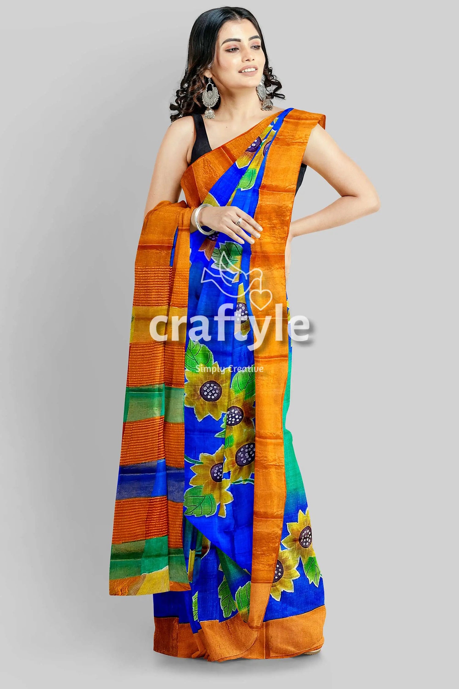 Hand painted zari pure tussar silk saree - cobalt blue floral motif blue green sunflower saree orange 2