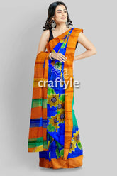 Hand painted zari pure tussar silk saree - cobalt blue floral motif blue green sunflower saree orange 2