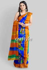 Hand painted zari pure tussar silk saree - cobalt blue floral motif woman blue orange saree 1