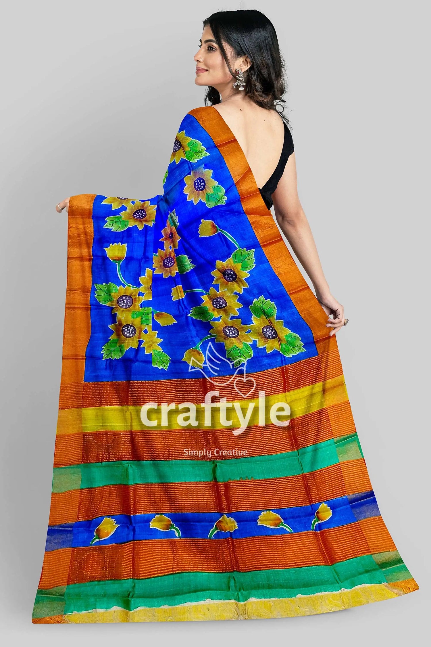 Hand painted zari pure tussar silk saree - cobalt blue floral motif blue orange floral saree 4