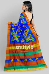 Hand painted zari pure tussar silk saree - cobalt blue floral motif blue orange floral saree 4