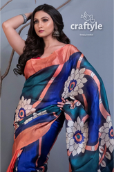 Hand painted zari pure tussar silk saree - salmon pink blue for women floral-patterned silk saree 2