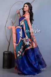Hand painted zari pure tussar silk saree - salmon pink blue for women woman blue peach floral saree 4