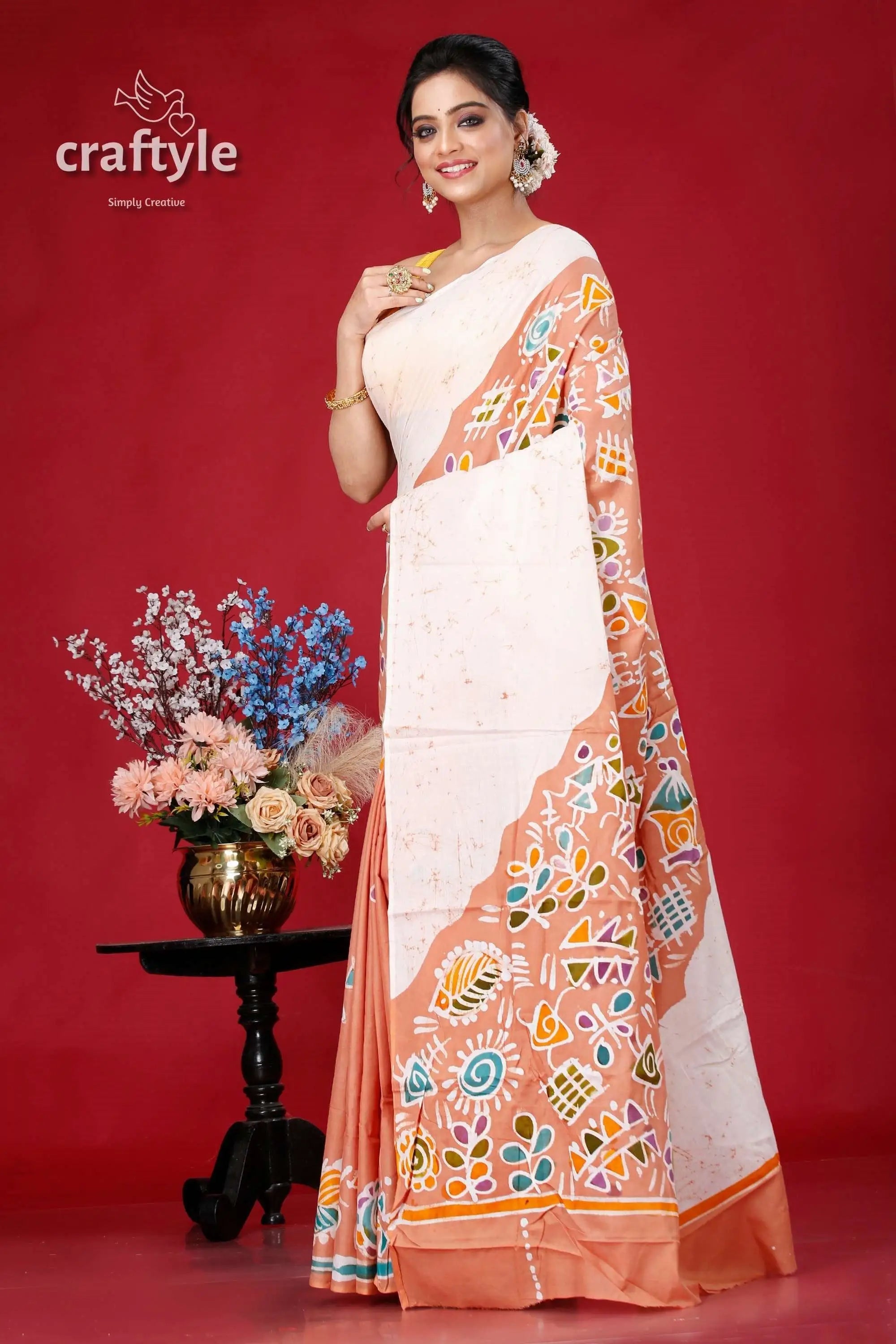 Handcrafted batik pure cotton saree - multishape design woman white peach batik saree 4