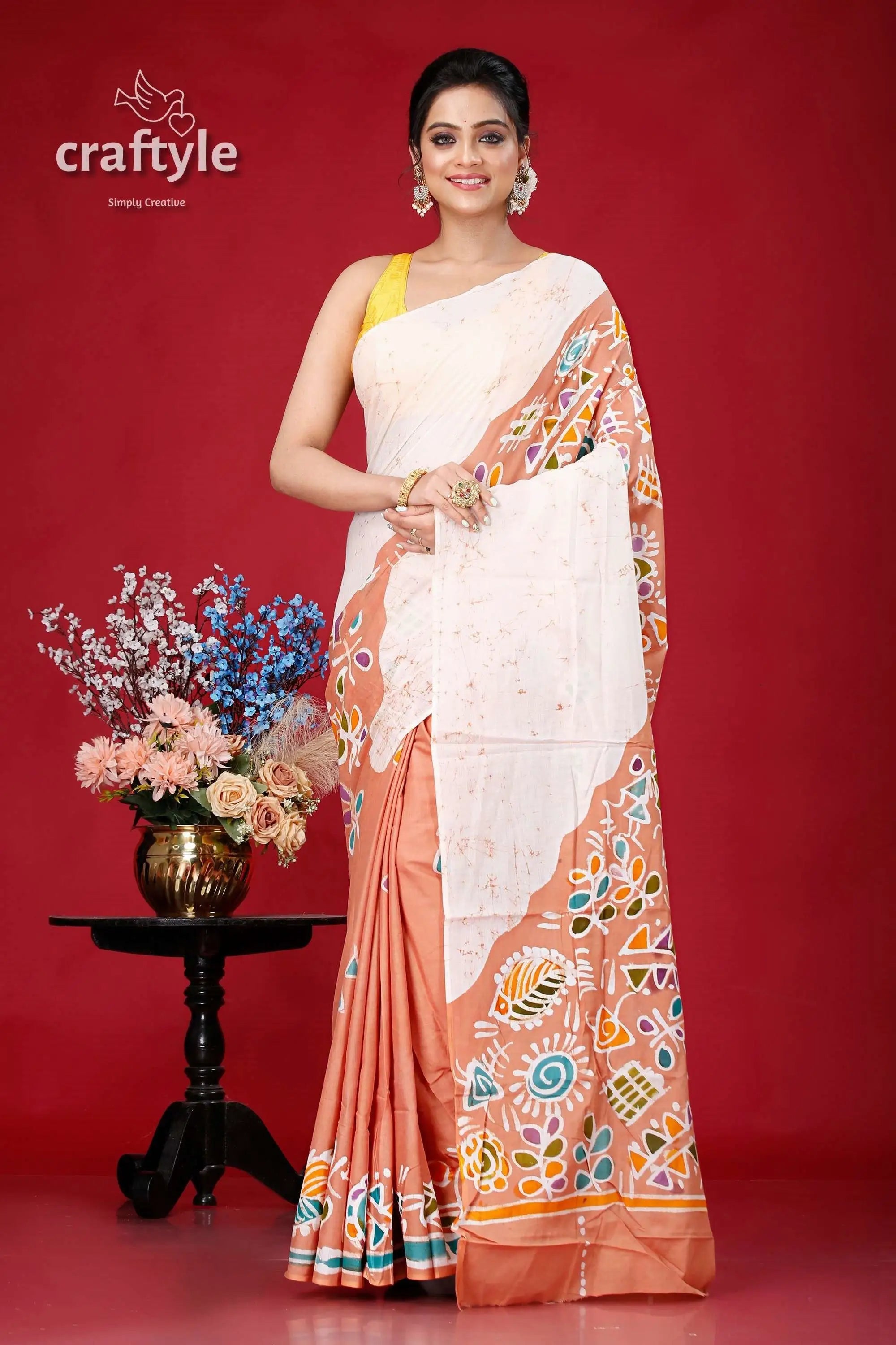 Handcrafted batik pure cotton saree - multishape design woman patterned saree 1
