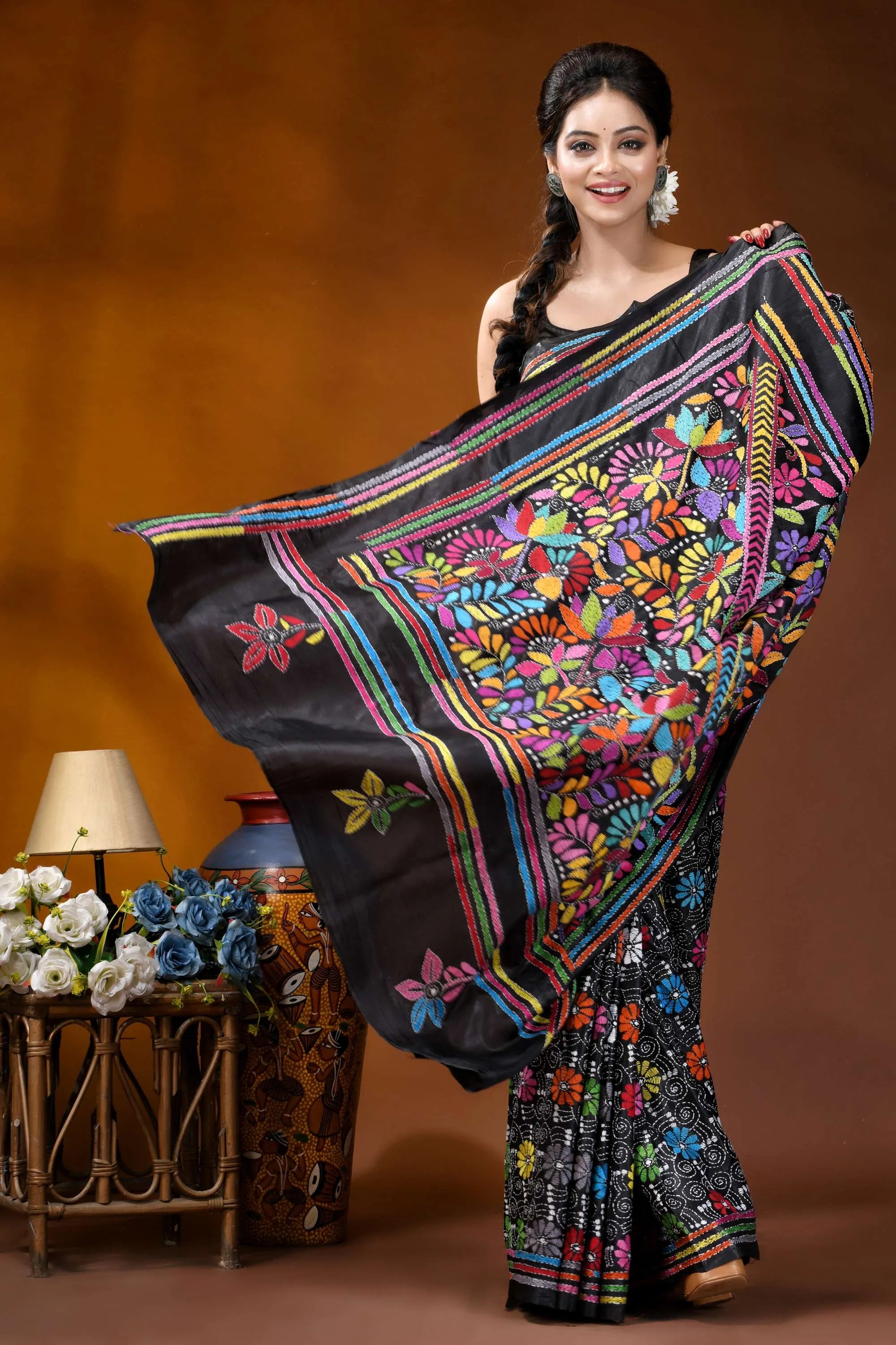 Handcrafted black multi-thread floral design kantha silk saree black silk saree vibrant multicolored 4