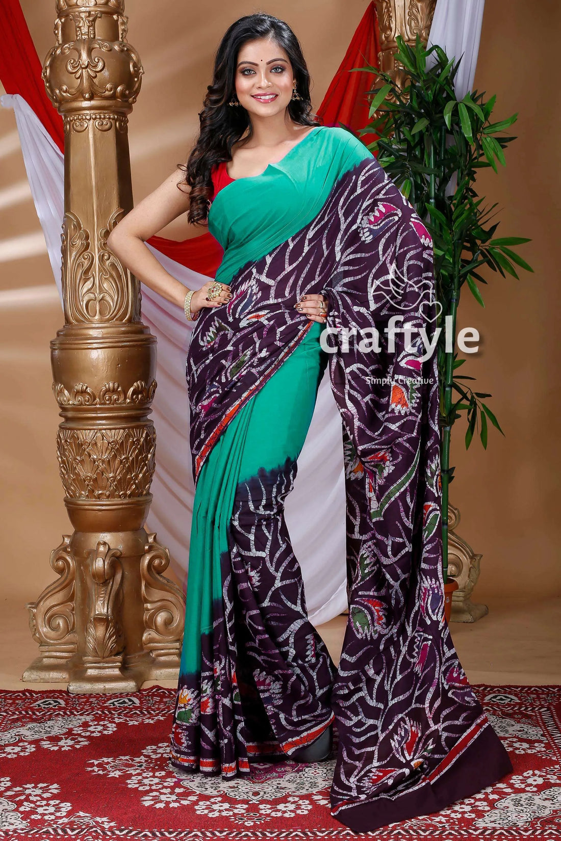 Handcrafted cotton batik saree woman green patterned 1